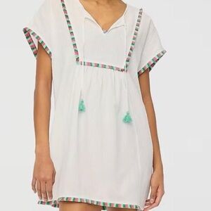 J. Crew White Beach Tunic with Pink & Mint Trim and Tassel Ties